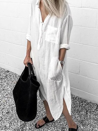maxi linen summer buttoned solid casual shirt dresses