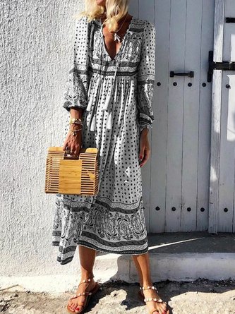 V-Neck Women Dress Daytime Boho Paneled Dress