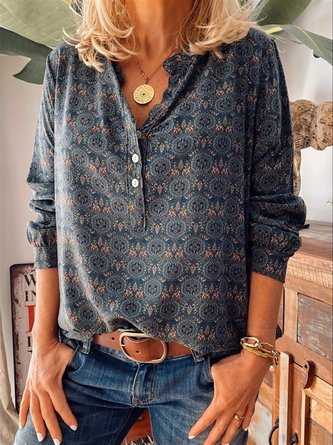 Floral Printed Shirt V-neck Long Sleeve Casual Blouse