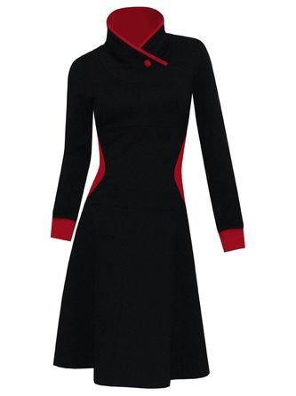 Black Stand Collar Solid Long Sleeve Casual Knitting Dress