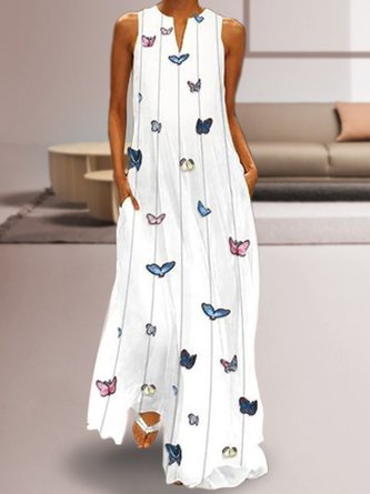 White Maxi Dresses Round Neck Summer Shift Holiday Printed Dresses
