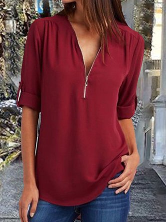 JFN V Neck Solid Zipper Casual Blouse