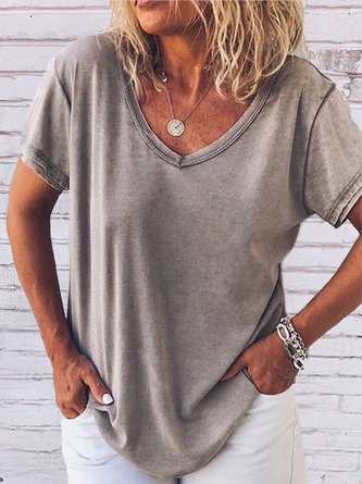 JFN V Neck Solid Causal T-Shirt/Tee