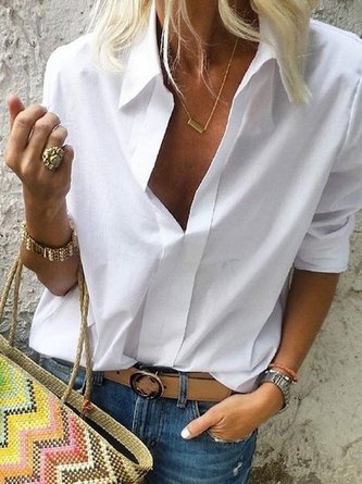 Summer Women White Long Sleeves Collar Solid Business Casual Shirts