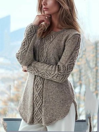 Gray Acrylic Casual Long Sleeve Plain Sweater