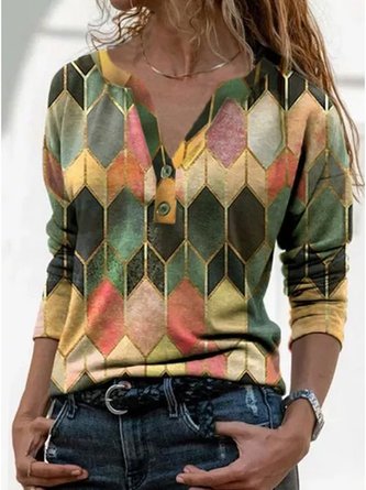 JFN V Neck Geometric Buttoned Casual Long Sleeve Top