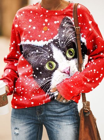 Christmas cat Sweatshirt Loosen Cotton Blends Sweatshirt & Hoodies