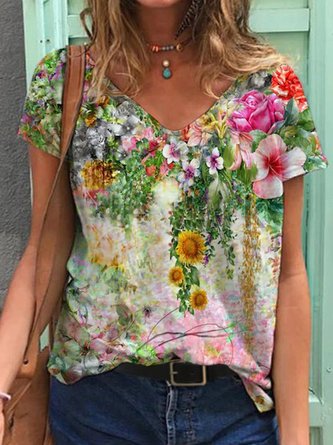 Colorful Flower Painting V Neck Short Sleeve Casual T-shirt