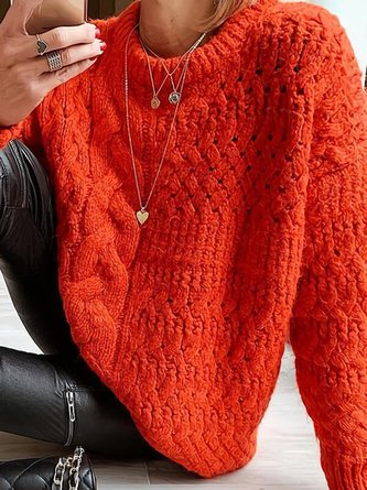 Women Christmas Solid Cable-knit Round Neck Casual Orange Sweater