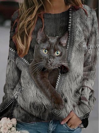 JFN Crew Neck Cute Black Cat print Casual Sweatshirt