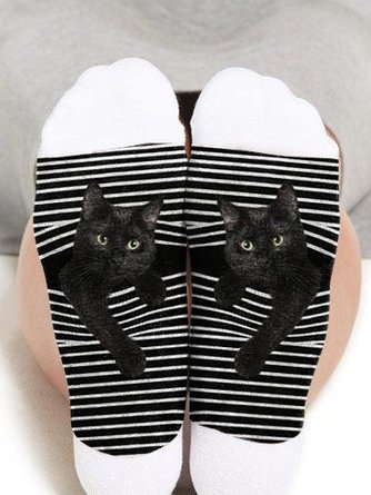 JFN Cute Black Cat Printed Casual Cotton Socks