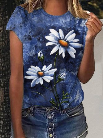 Crew Neck Short Sleeve Floral Canvas Daisy Acrylic Paintings Print Casual T-shirt