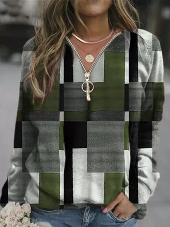 Long Sleeve Plaid V Neck Cotton-Blend Top