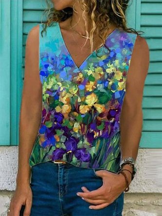 Floral-Print Casual Sleeveless Shirt & Top