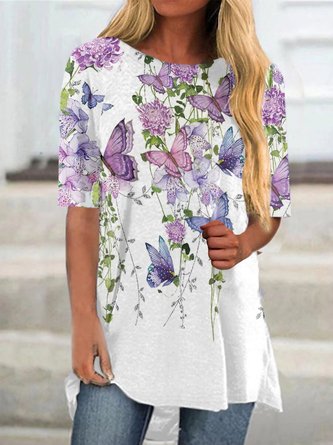 JFN Round Neck Butterfly Casual Tunic Top