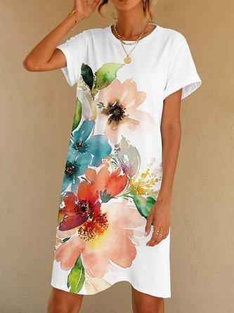 JFN Crew Neck Floral Printed Casual Simple Midi Dresses