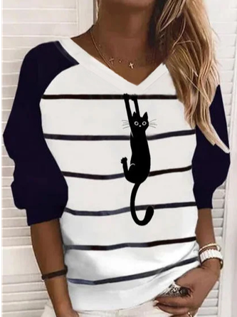 Cute Cat Casual V Neck Long Sleeve Shirts & Tops