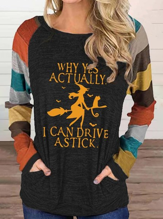 JFN Crew Neck Halloween "Yes I Can Drive Stick" Casual Letter Long Sleeves Tee
