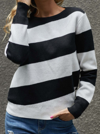 Black-white Vintage Striped Crew Neck Sweater