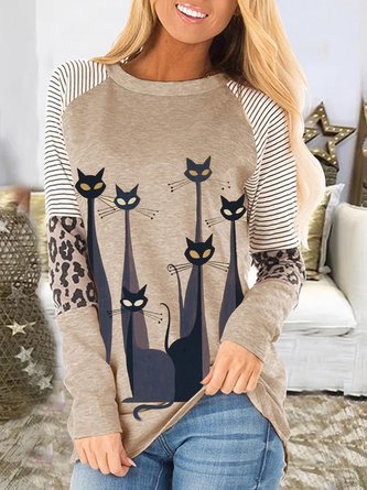Round Collar And Leopard Print Patchwork Top, Cute Cat Shirts & Tops