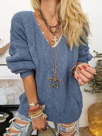 Daily Casual Solid Long Sleeve V-Neck Sweater