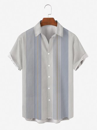 Mens Striped Print Round Hem Loose Short Sleeve Shirt