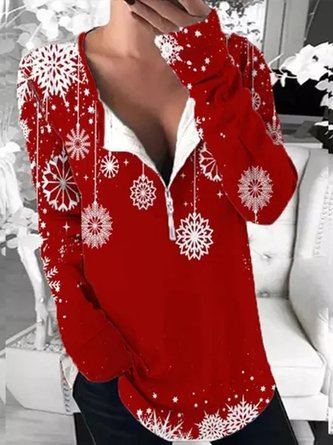 Christmas V Neck Casual Cotton Blends Tops
