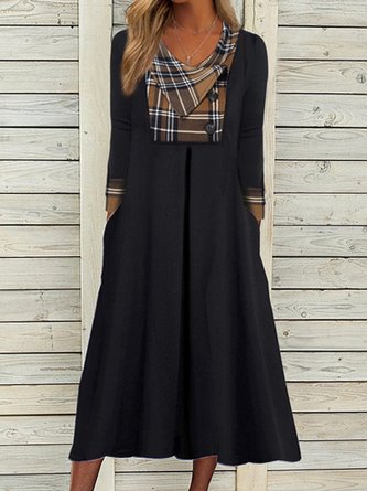 Checked/Plaid Casual Cowl Neck Knitting Dress