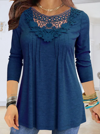 JFN Round Neck Solid Lace Casual Tunic Tops
