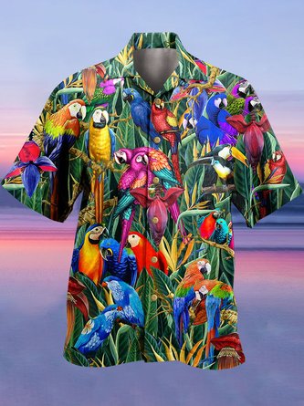 Mens Beach Parrot Print Retro Breathable Hawaiian Shirt