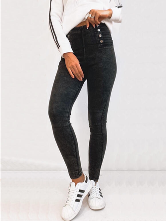 Solid Denim Long Casual Plus Size Button Denim & Jeans