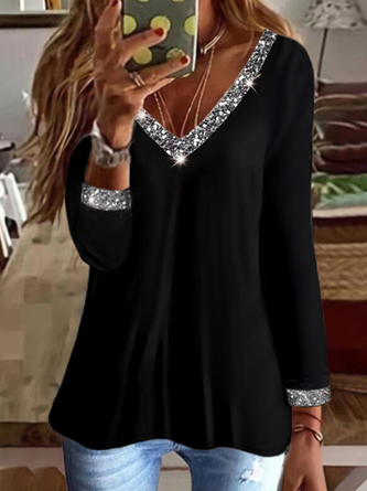 Sequins Casual V Neck Black Top