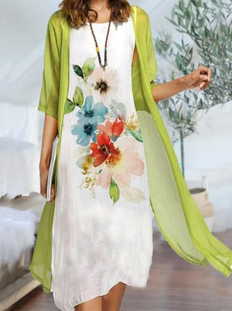 Cotton Blends Vacation Floral Two-Piece Dress Set