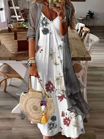 Loosen Spaghetti Floral Two Piece Dress