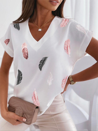 Feather Casual V Neck Short sleeve Short sleeve Top