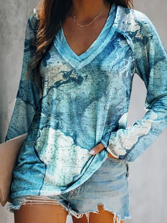 casual Regular Fit Party Map V Neck long sleeve Shirts & Tops