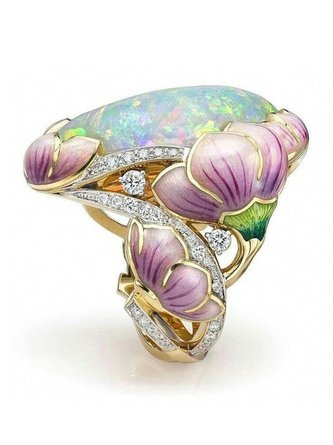 JFN  Enamel Opal Painted  and  Flower    Ring