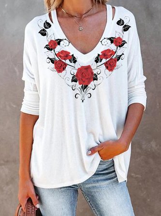 V Neck Loosen Casual Floral Elegant Long Sleeve T-Shirt