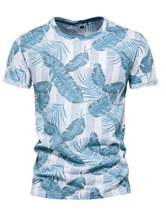 Men's Hawaiian Palm Leaf Print Cotton Short Sleeve T-Shirt