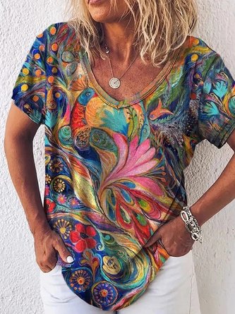 JFN V Neck Painting Casual Floral Blouse Short Sleeve T-shirt