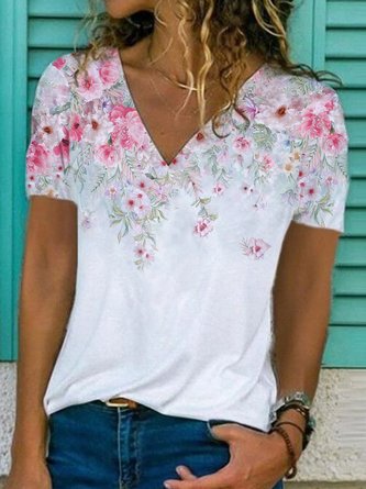 JFN V Neck Floral Causal T-Shirt/Tee 
