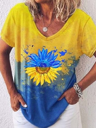 JFN V Neck Sunflowers Vacation T-Shirt/Tee