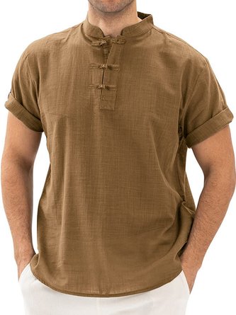 Men's Cotton Linen Henley Short Sleeve Shirt