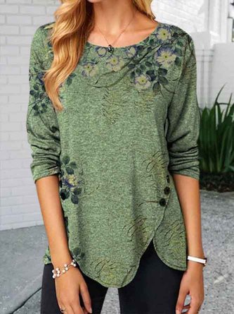 Women Casual Floral Printed Long Sleeve Crew Neck Tunic Top With Irregular Hem 