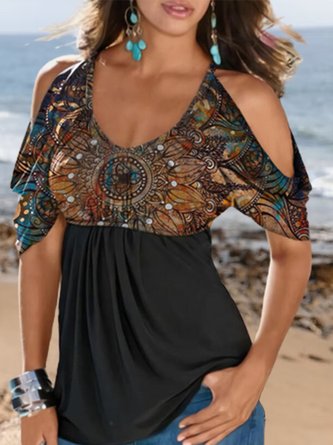 JFN Cold Shoulders Mexican Tribal Casual Blouse