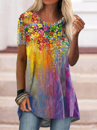 JFN Round Neck Ombre Floral Casual Tunic T-Shirt