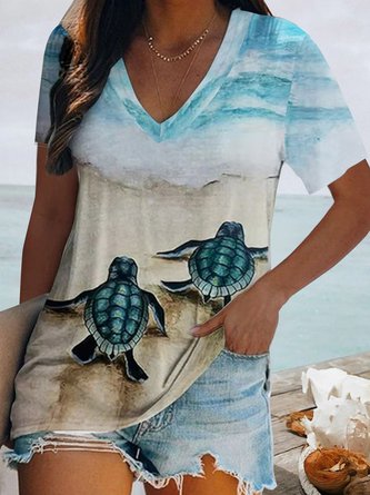 JFN V Neck Ocean Animal Vacation T-Shirt/Tee