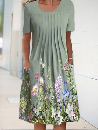 JFN Crew Neck Floral Casual Midi Dress