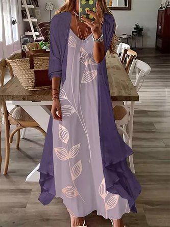 Leaves Print V Neck Holiday Daily Maxi Dresses Two Piece Sets