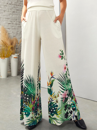 White and Green Tropical Wide-Leg Trousers Leaves Vacation Denim Shorts